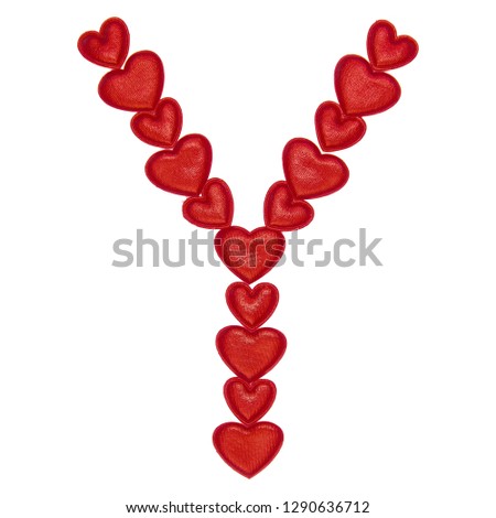 Letter Y made from decorative red hearts. Isolated on white background. Concepts: ABC, alphabet, logo, words, symbols, love, valentines day