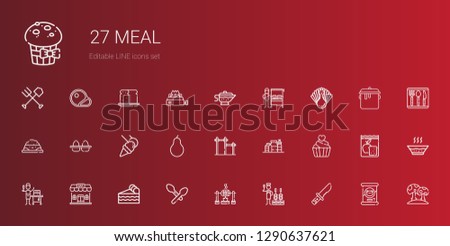 meal icons set. Collection of meal with knife, churrasco, roast, spoon, piece of cake, bar, food and restaurant, cupcake, proteins, pear, eggs. Editable and scalable meal icons.