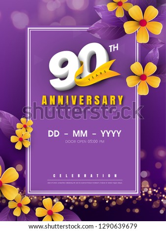 90 years anniversary logo template on golden flower and purple background. 90th celebrating white numbers with gold ribbon vector and bokeh design elements, anniversary invitation template card design