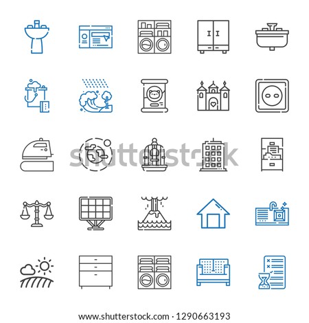 house icons set. Collection of house with planning, sofa, washing machine, chest of drawers, field, sink, home, eruption, solar panel, balance. Editable and scalable house icons.
