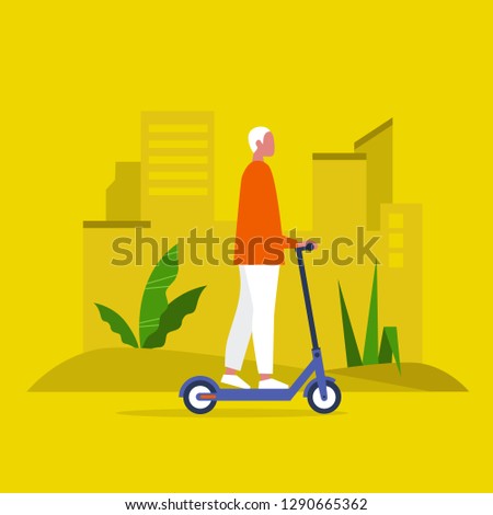 Young male character riding an electric scooter. Urban  transportation. Modern technologies. Millennial lifestyle. Active young adults. Flat editable vector illustration, clip art