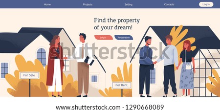 Web banner template with real estate agent or broker shaking hands with people buying or renting house. Colorful vector illustration in flat cartoon style for advertisement of property selling.