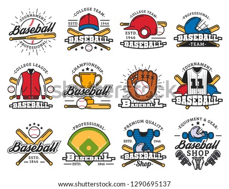 Sport icons, baseball game, sporting items. Vector bat and ball, helmet and uniform, trophy cup, glove and stadium or play field. Equipment and players gear, tournament or championship, competition