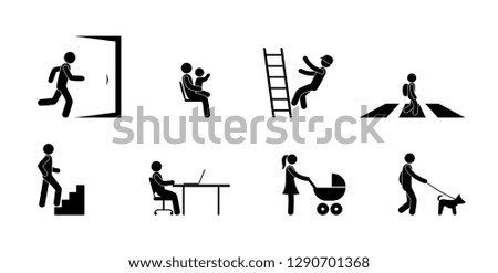 character set, people in different situations, man icon, exit sign, crosswalk