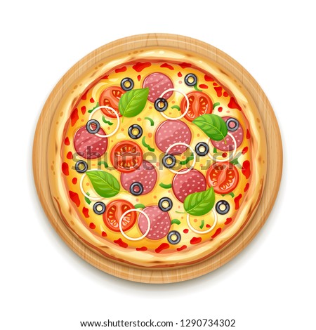Fresh pizza with tomato, cheese, olive, sausage, onion, basil. Traditional italian fast food. Top view meal at cutting wooden board. European snack. Isolated white. EPS10 vector illustration.