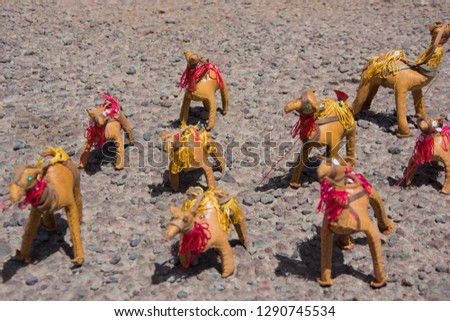 Set of ornament or toy camels with background on asphalt in Morocco

