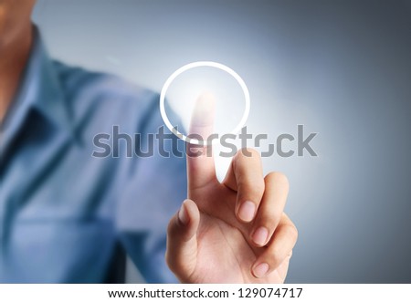Hand pressing modern social buttons Royalty-Free Stock Photo #129074717