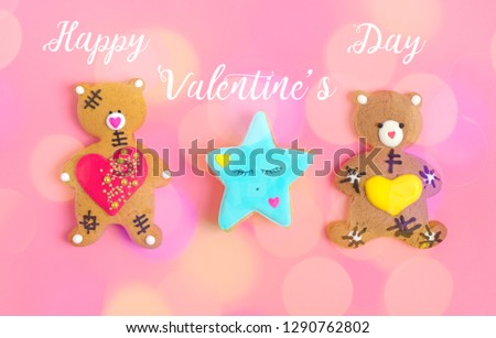 Romantic Teddy bear gingerbread with heart  and star on trendy pink background. Happy Valentine's Day, Mother's Day, March 8, World Women's Day holiday card concept. Flat lay. Top view. Copy  space. 