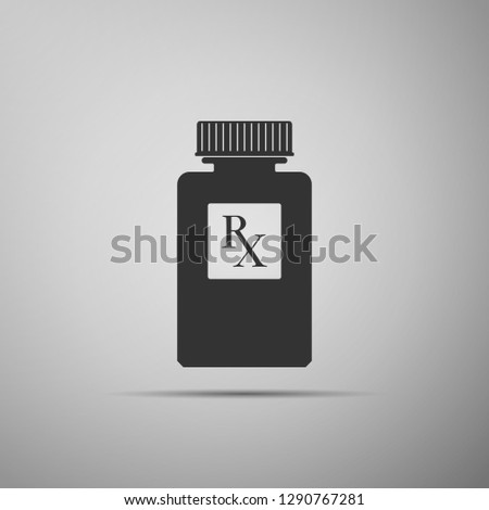 Pill bottle with Rx sign and pills icon isolated on grey background. Pharmacy design. Rx as a prescription symbol on drug medicine bottle. Flat design.