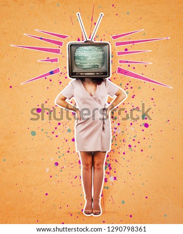 Contemporary art collage, addicted woman hands on hips and old tv instead of head. Modern style poster zine culture concept. Television manipulation and brainwashing. Mass media propaganda control.