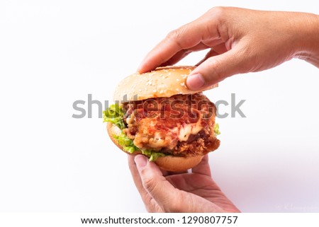 Hands holding chicken burger on white background.Fast food for breakfast.Junk food or unhealthy food concept.