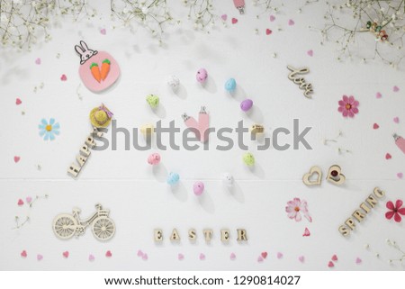 Easter Clock From Colorful Painted Small Eggs. Pastel Colors. Flat Lay. Concept: Happy Easter. 