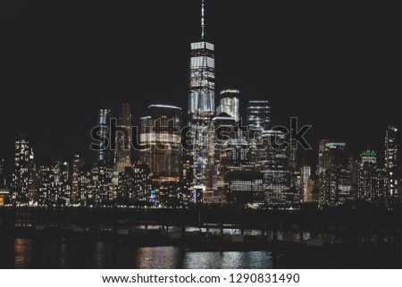Downtown Manhattan skyline in New York City by night