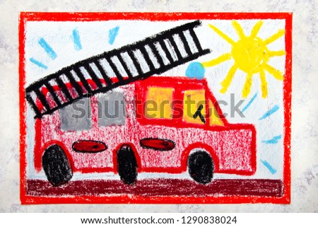 Colorful hand drawing: red fire truck with a ladder