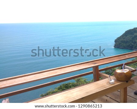 nice blue sea, cafe wooden beautiful view, sky and sea, tropical seascape 