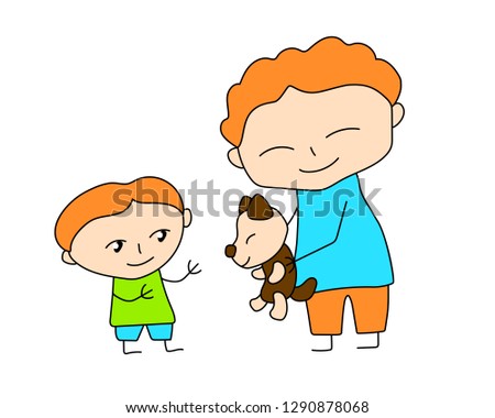 Colorful family scene vector illustration on white background. Father presents puppy to son. Parent and kid childish style doodle. Happy family childhood clipart. Cute character outlined icon