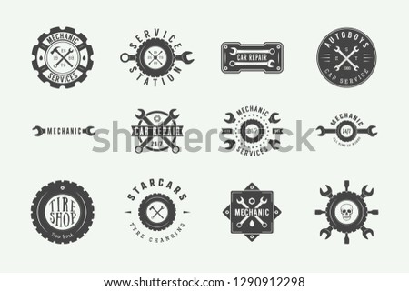 Set of vintage mechanic label, emblem, badge and logo. Vector illustration. Graphic Art - Vector
