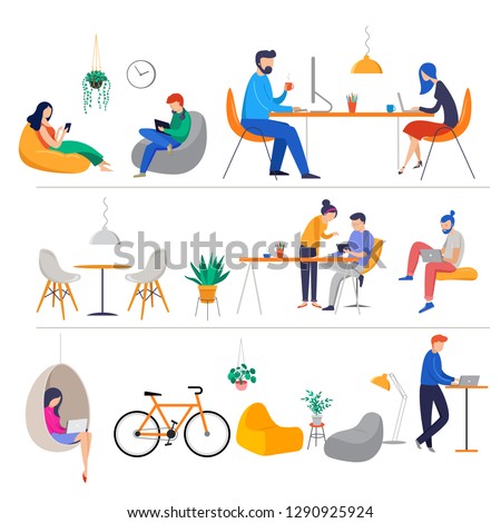 Co-working space, concept illustration. Young people working on laptops and computers on shared modern office workplace. Vector flat style illustration Royalty-Free Stock Photo #1290925924