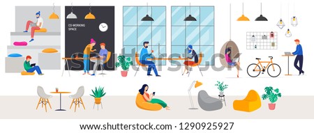 Co-working space, concept illustration. Young people working on laptops and computers on shared modern office workplace. Vector flat style illustration Royalty-Free Stock Photo #1290925927