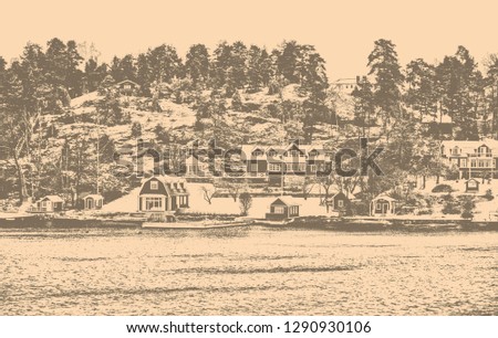 Matte background. Scandinavia. Winter landscape. Houses covered by snow on a riverbank with trees in the background. Black and White Photography. Vintage. 