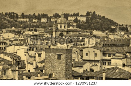Vintage photo. Aerial view. Buildings in the old city on paper background. Panoramic skyline. 