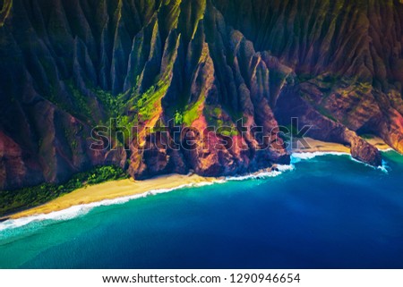 amazing view of landscape in Kauai island in Hawaii. View from helicopter 