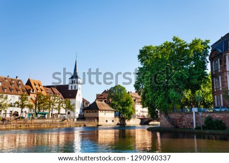 Ill river bank with St. William Church, Strasbourg