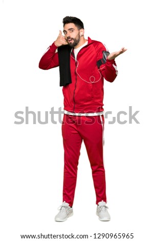 Full-length shot of Handsome sportman making phone gesture and doubting on isolated white background