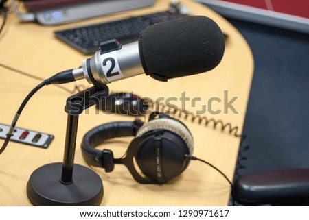 The closeup photo of the microphone in the studio. Radio/mass media background