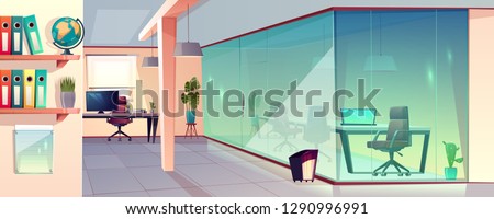 Vector cartoon illustration of bright office, modern workplace with transparent glass wall and tile floor. Corporate space for job with furniture and green plants, business cabinet for professionals. Royalty-Free Stock Photo #1290996991