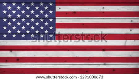 Flag of United States of America on wooden background, surface. Wooden wall, planks. National flag
