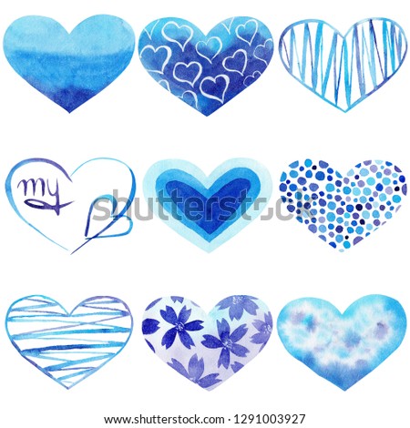 Set of watercolor hand painted blue heart. Symbol of love. Isolated objects perfect for Valentine's day invitation or romantic post cards.