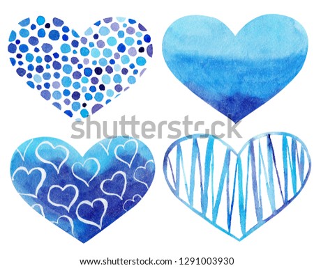 Set of watercolor hand painted blue heart. Symbol of love. Isolated objects perfect for Valentine's day invitation or romantic post cards.