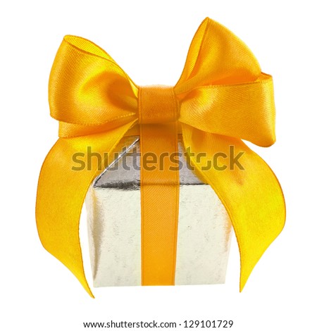 Single silver present box with yellow ribbon bow isolated on white