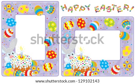 Easter borders with Bunny, decorated cake and painted eggs