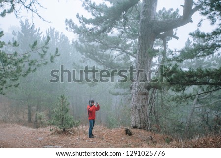 A young man in a winter fur hat with ears and a red jacket makes a photo on a smartphone in the forest with high evergreen pines, enveloped in a  fog.