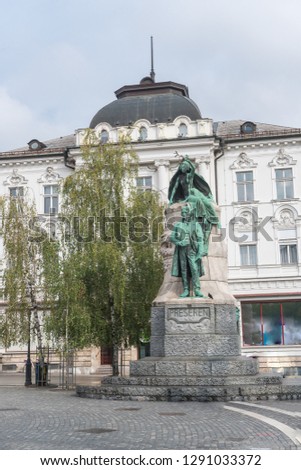 main square, red church, monuments of Ljubljana in the city center