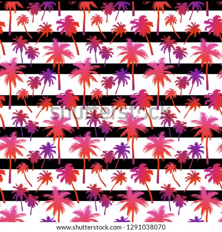 Seamless pattern with palm trees with layered colorful neon palm leaves on the striped background. Beautiful silhouettes, for swimwear, surfboard, summer clothes