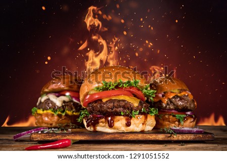 Close-up of home made tasty burger with french fries and fire flames.