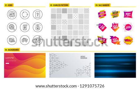 Seamless pattern. Shopping mall banners. Set of Presentation, Search employees and Online payment icons. Recycling, Santa sack and Unknown file signs. Tractor, Mail and Id card symbols. Vector