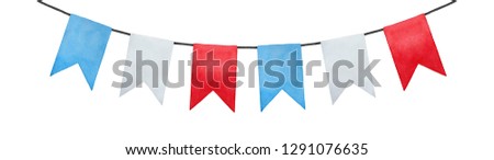 Joyful and positive pennant bunting banner flags illustration. Rectangular shape; sky blue, pure white, bright red colors. Handmade watercolour painting, cut out clip art element for design and decor.