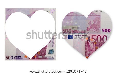 Heart from five hundred euro banknote set on a white background