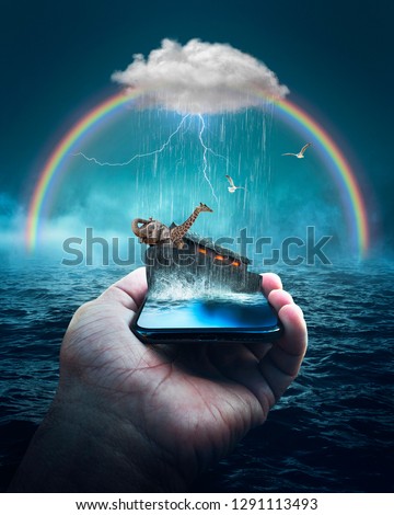 Surreal art of Noah's Ark Bible Story on a cellphone.  Royalty-Free Stock Photo #1291113493