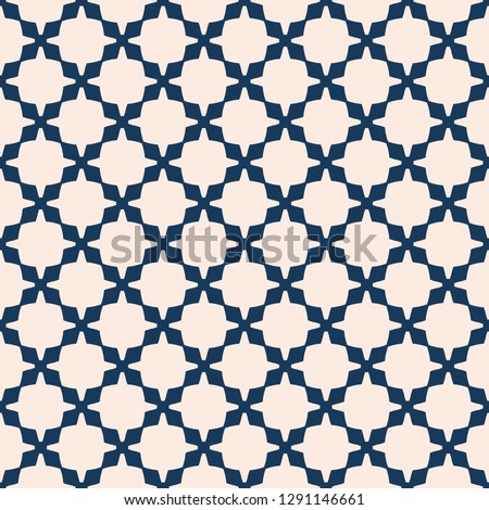 Vector geometric seamless pattern. Abstract deep blue and beige texture with grid, lattice, net, crosses, flower silhouettes. Simple ornamental background. Repeating design for decor, textile, carpet