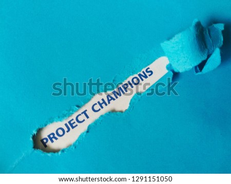 Blue torn paper with text project champion. Project management term
