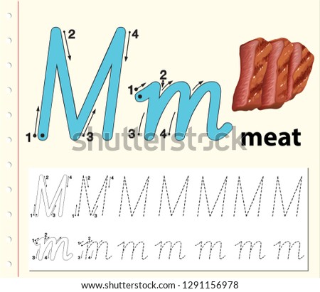 Letter M tracing alphabet worksheets illustration