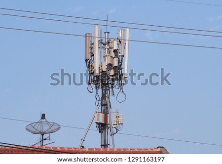 3G, 4G and 5G cellular. Base Station or Base Transceiver Station. Telecommunication tower. Wireless Communication Antenna Transmitter. Telecommunication tower with antennas  on Rooftop.