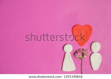 Pair of love, Valentines day, red heart with cute couple cartoon and flowers in love together on pink background with copy space