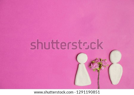 Pair of love, Valentines day, cute couple cartoon and flowers in love together on pink background with copy space