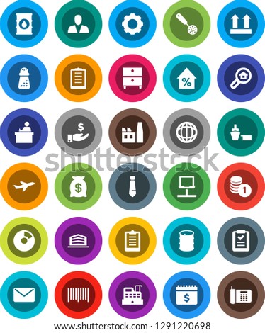 White Solid Icon Set- skimmer vector, hand mill, student, world, archive, pie graph, percent growth, investment, coin stack, tie, dollar calendar, clipboard, plane, port, top sign, oil barrel, gear